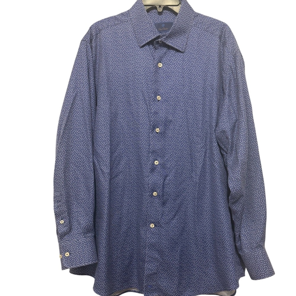 David Donahue Mens Blue Micro Floral Dress Shirt Regular Fit 17.5 34/35
